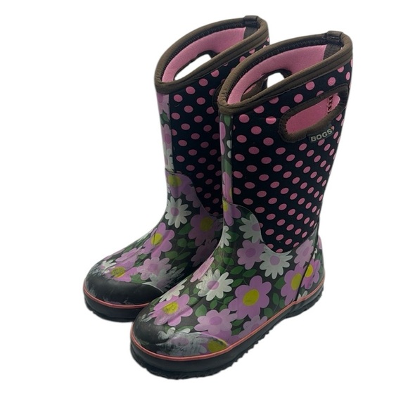Bogs Girls Classic Flowers Dots Pink Insulated Snow Winter Boots Size 3 - Picture 1 of 16